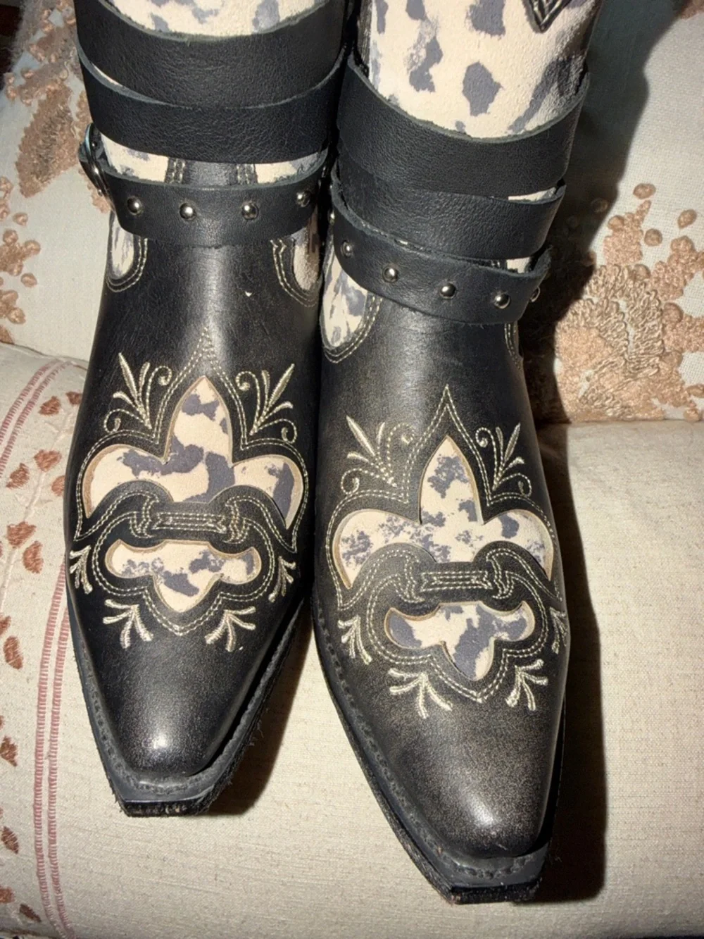 Western-Inspired Black and Cream Ankle Bootie with Buckle Strap
